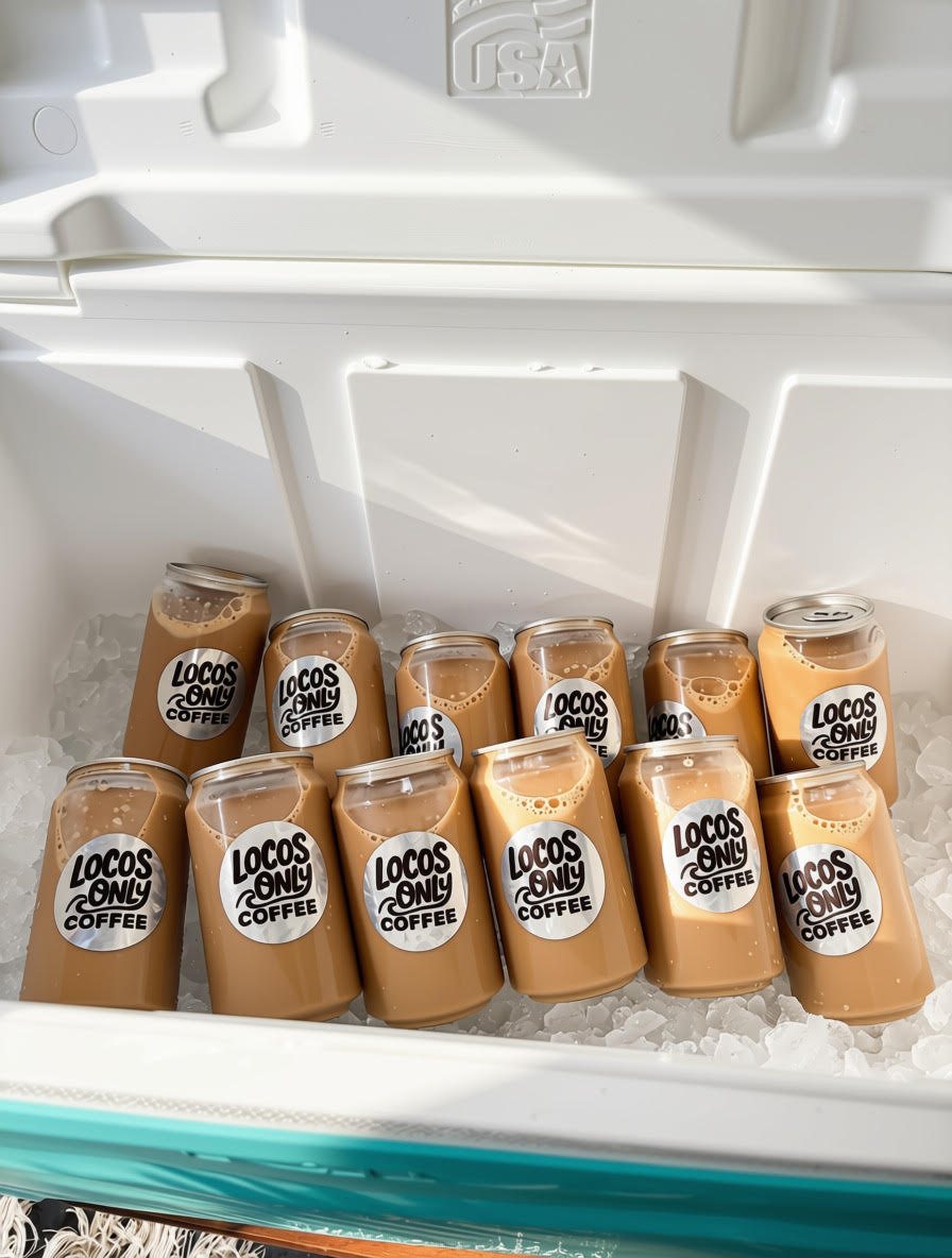 A cooler full of Locos Only Vietnamese coffee cans on ice